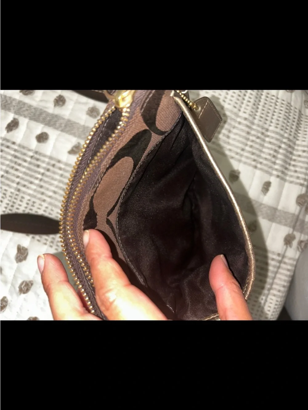 Coach Dark Brown Signature Crossbody Messenger Bag with Metallic Accent